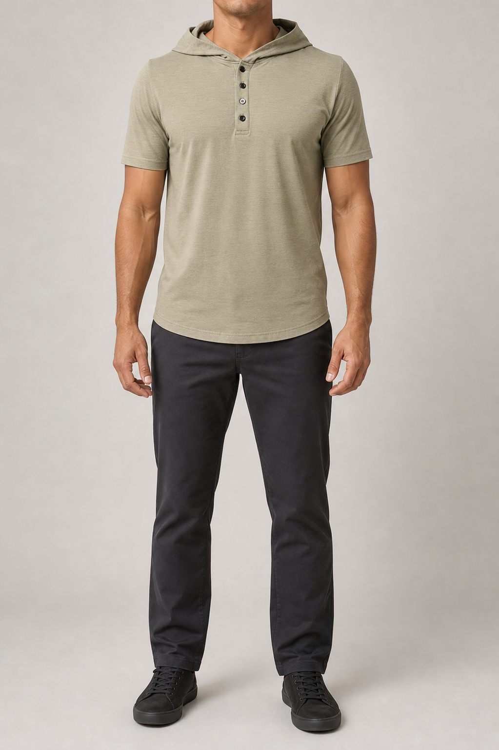 Men's khaki short-sleeve hooded Henley front view
