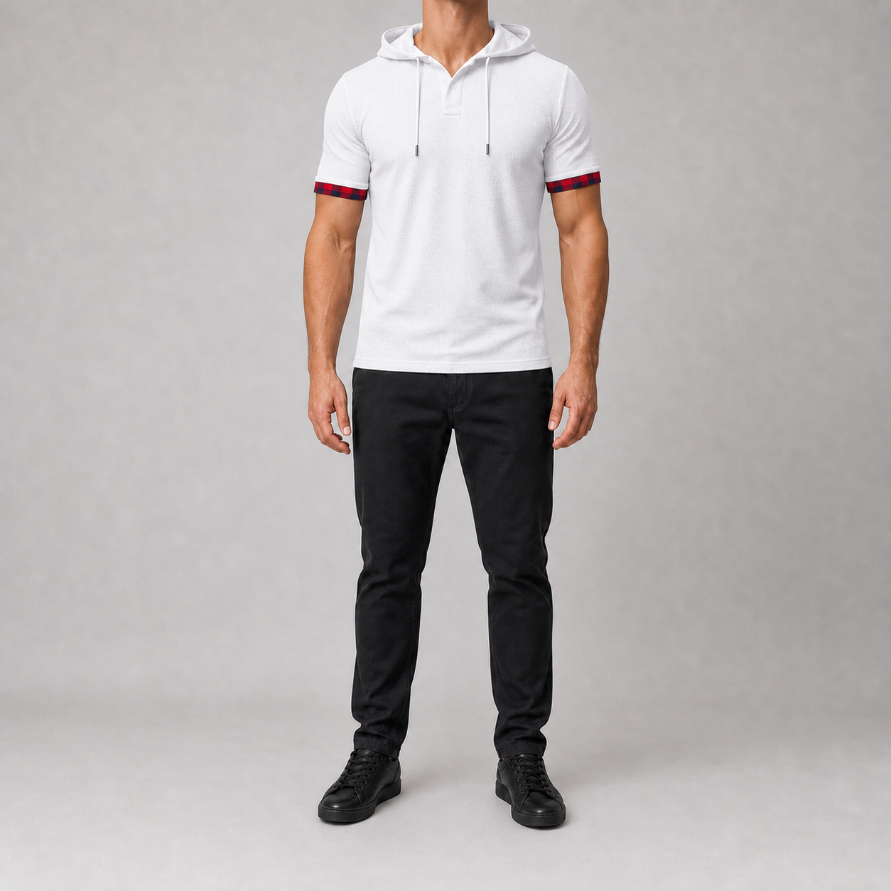 Men's white short sleeve hooded Henley shirt front view