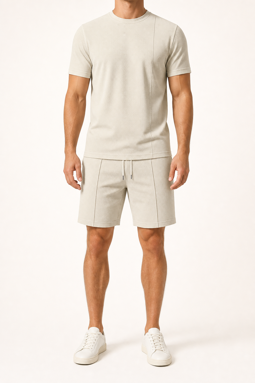 Men's warm ivory waffle knit T-shirt and drawstring shorts set front view