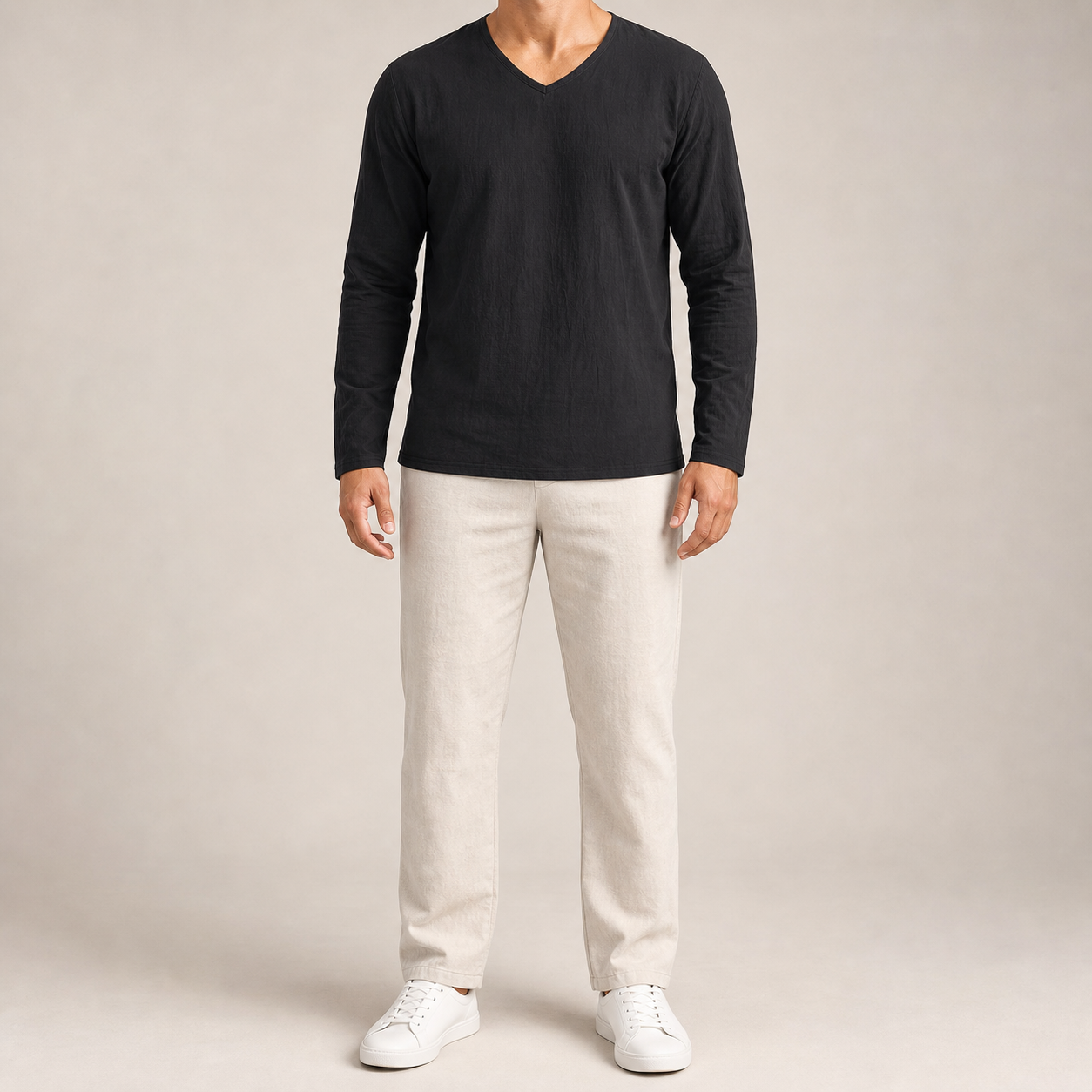 Men's black long-sleeve V-neck shirt front view