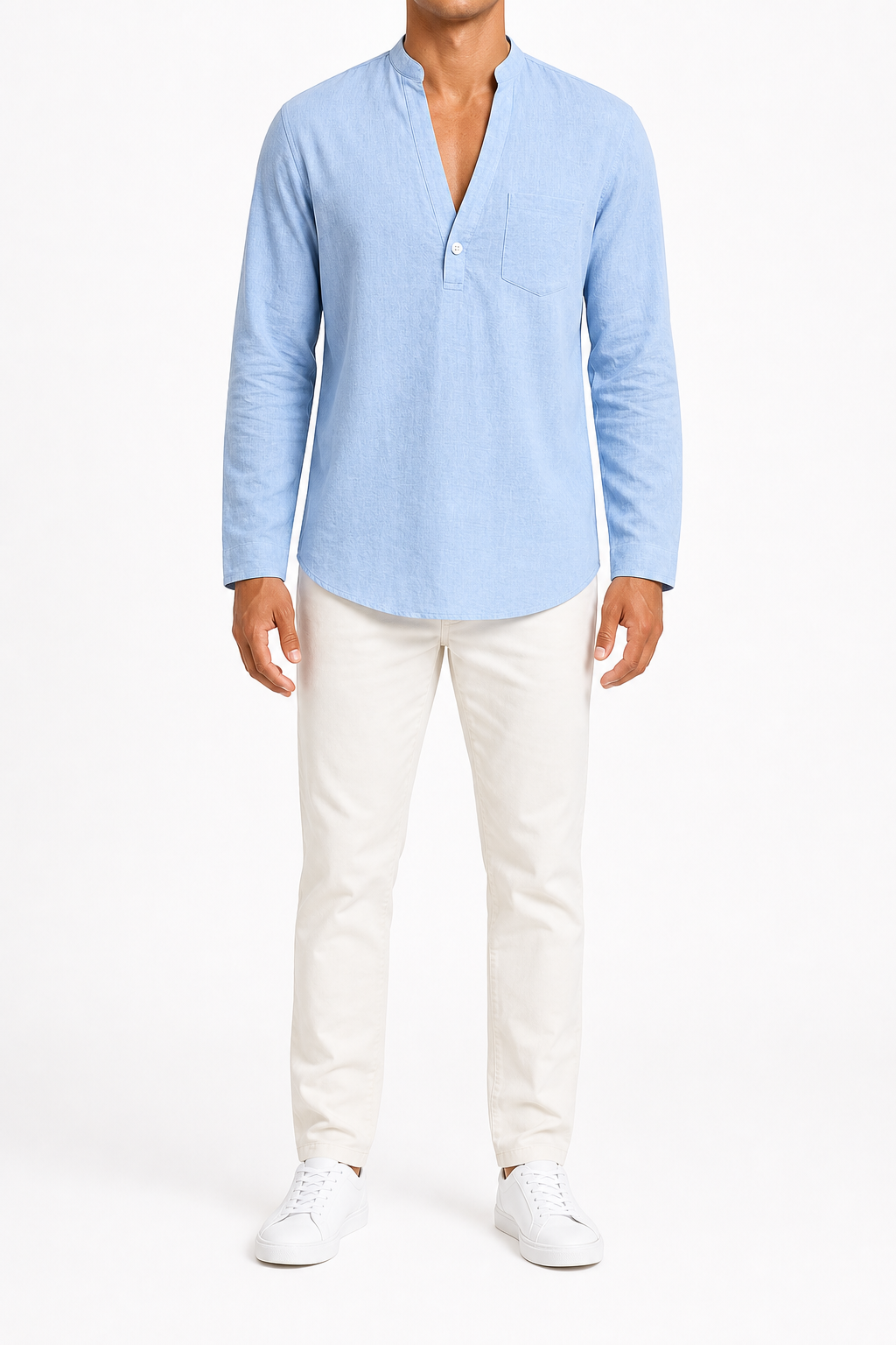 Men's light blue linen-cotton split-neck shirt front view