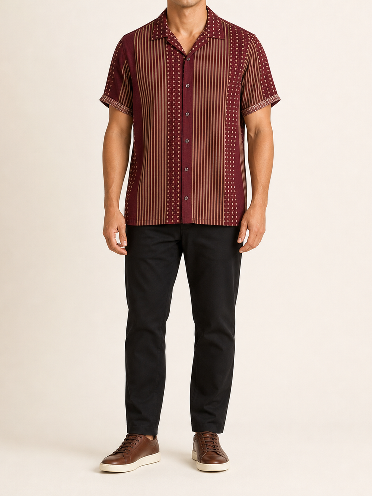 Burgundy stripe men's short-sleeve shirt front view