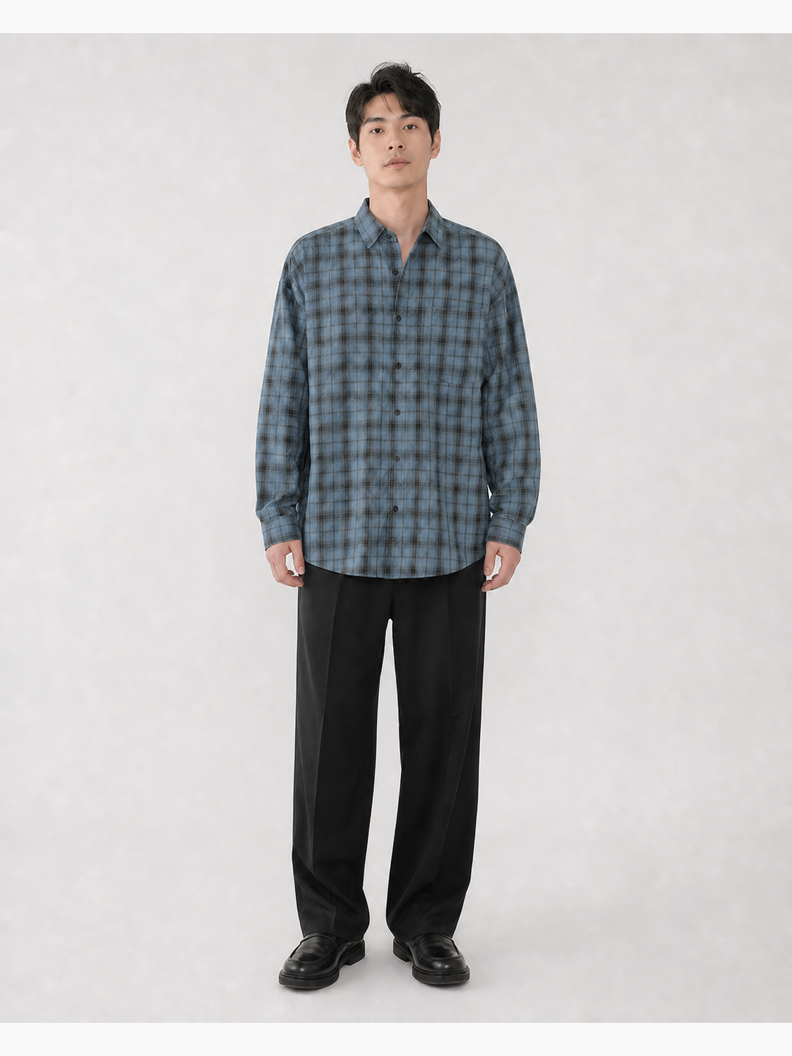 Men's blue-gray relaxed plaid shirt front view