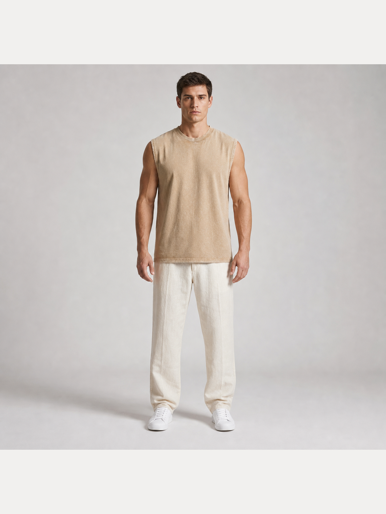 Men's sand washed sleeveless crew-neck T-shirt front view