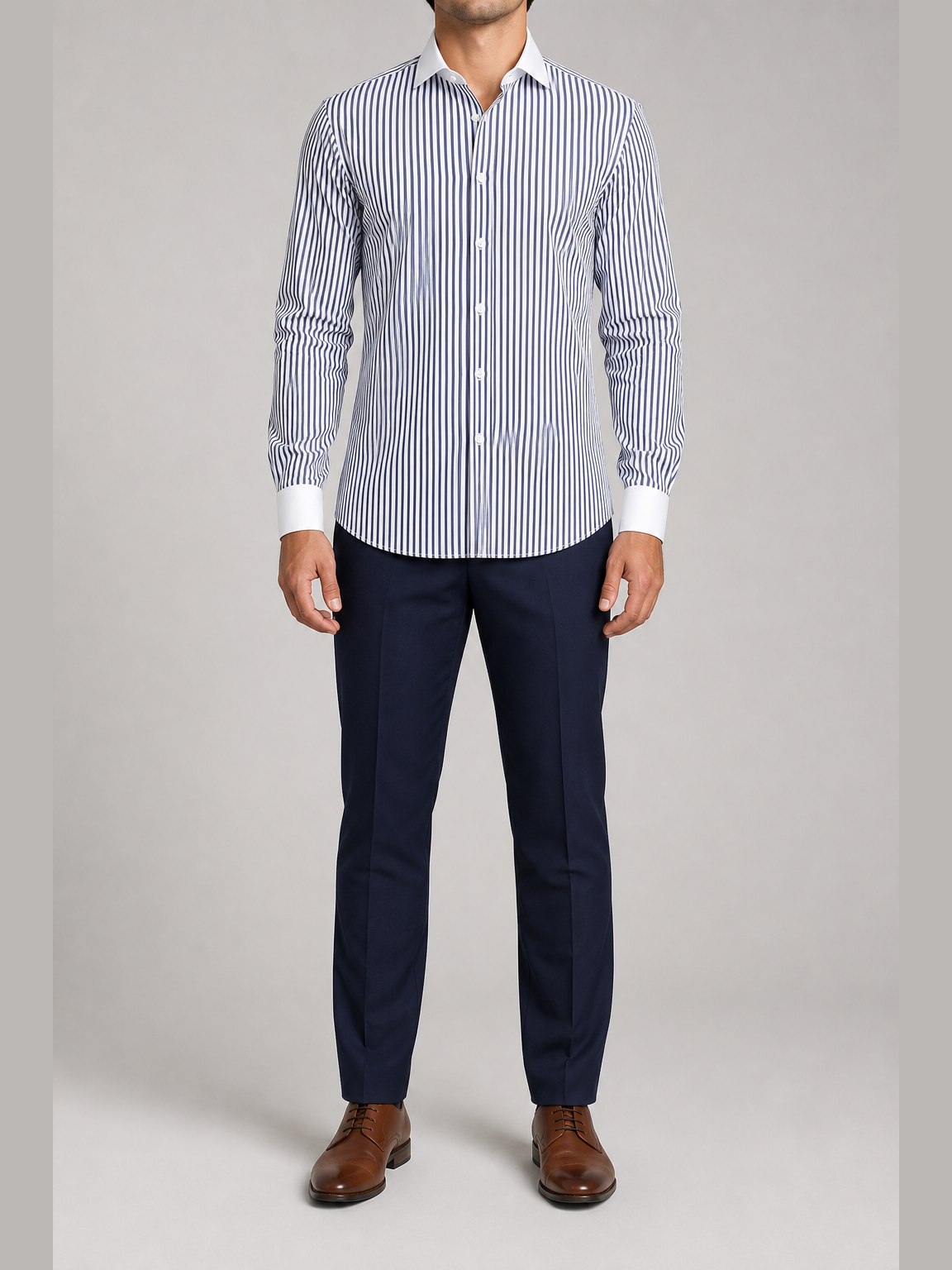 Men's navy vertical stripe contrast collar shirt front view