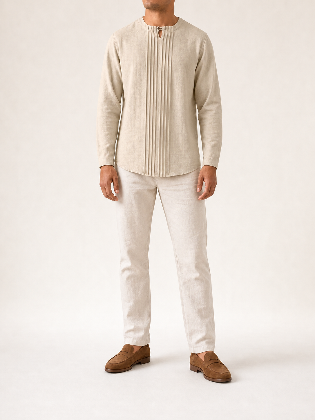 Men's light beige pintuck keyhole shirt front view