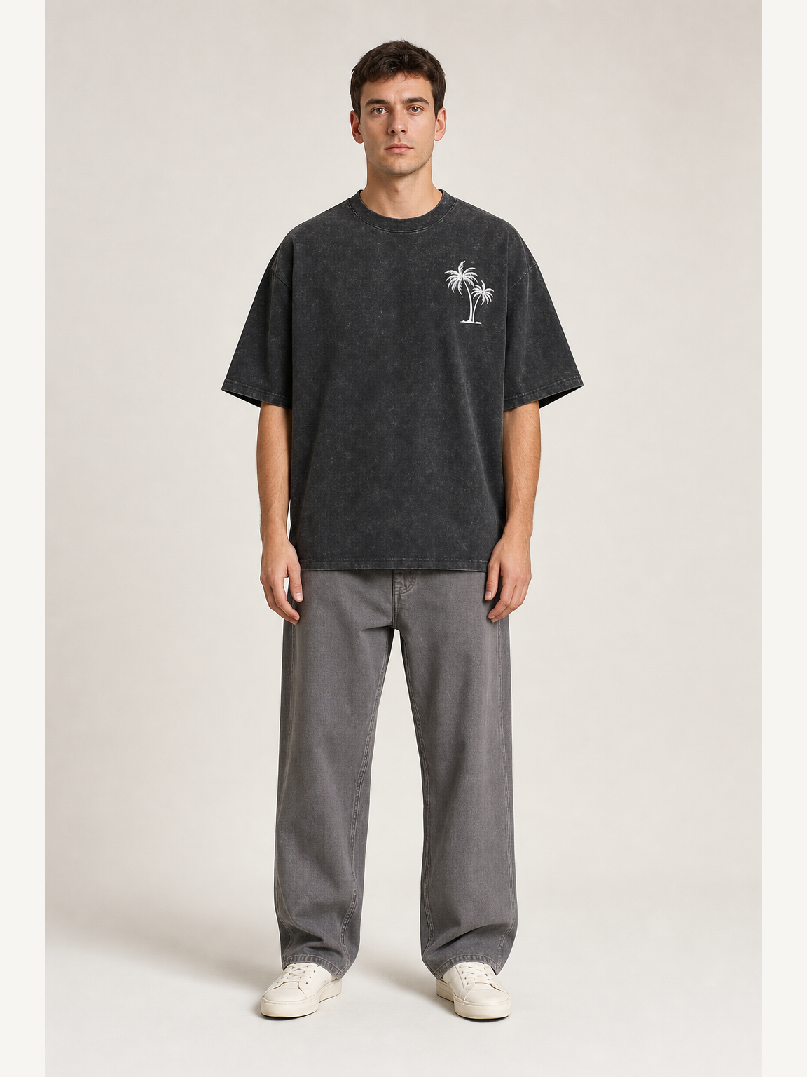 Front view of men's charcoal washed palm graphic oversized T-shirt