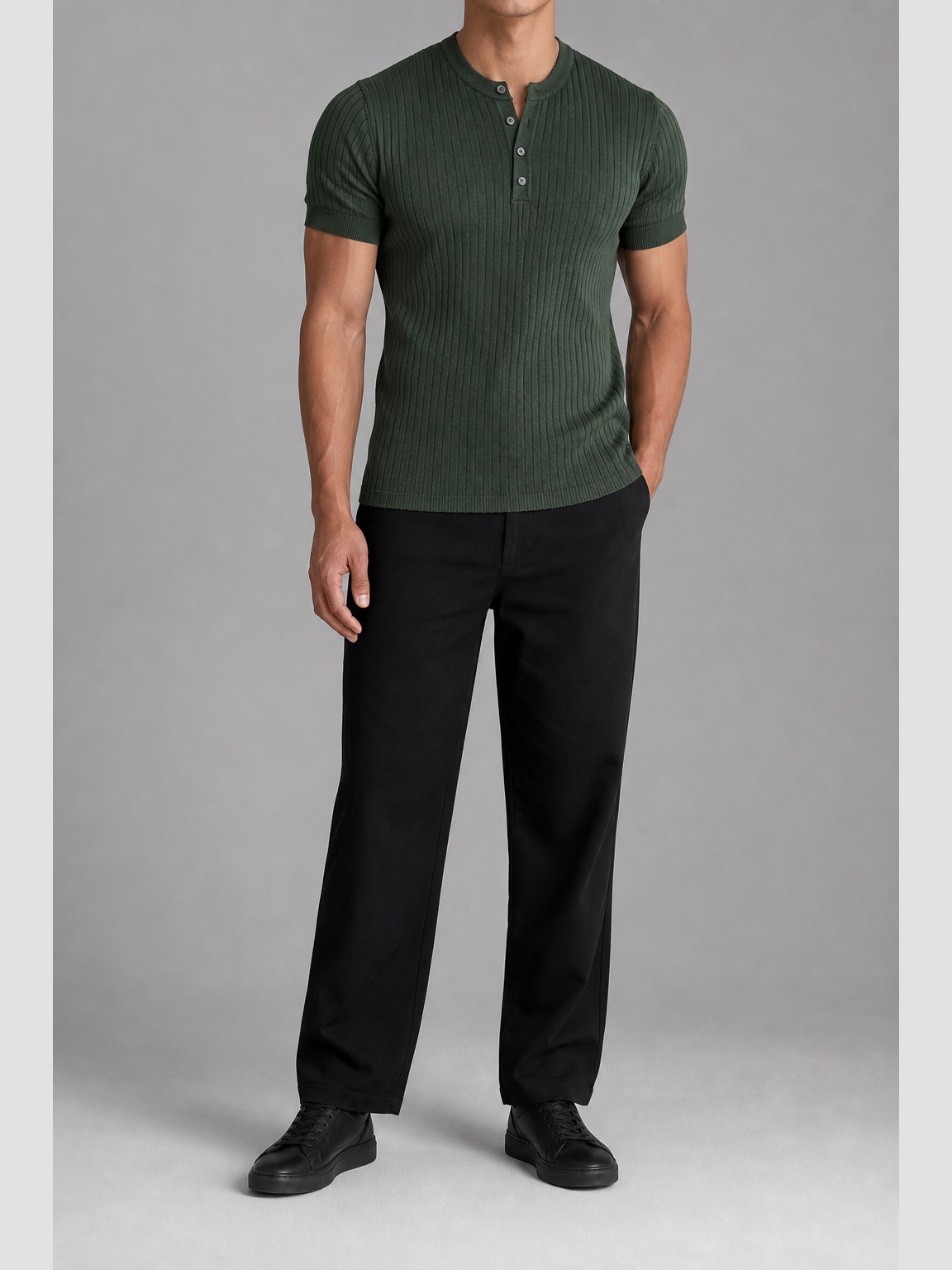 Men's forest green fitted rib-knit four-button Henley front view