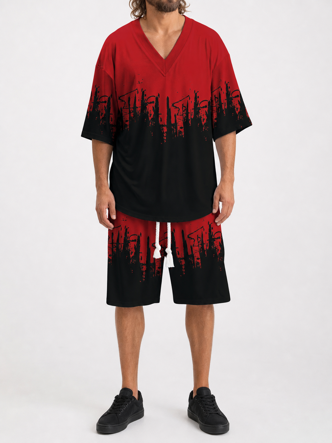 Men's red black city print V-neck top and shorts set front view
