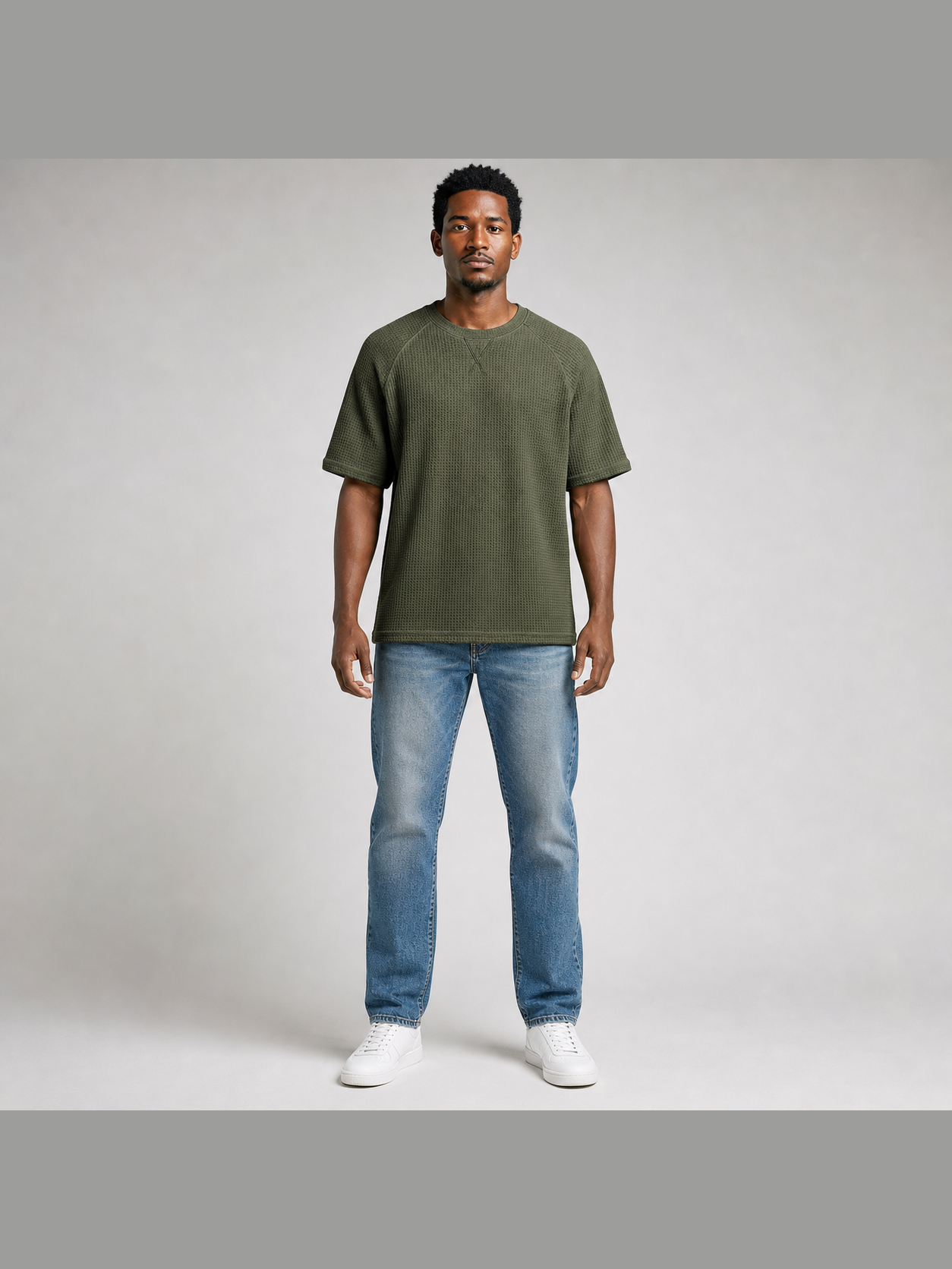 Men's olive waffle-knit raglan crew-neck T-shirt front view