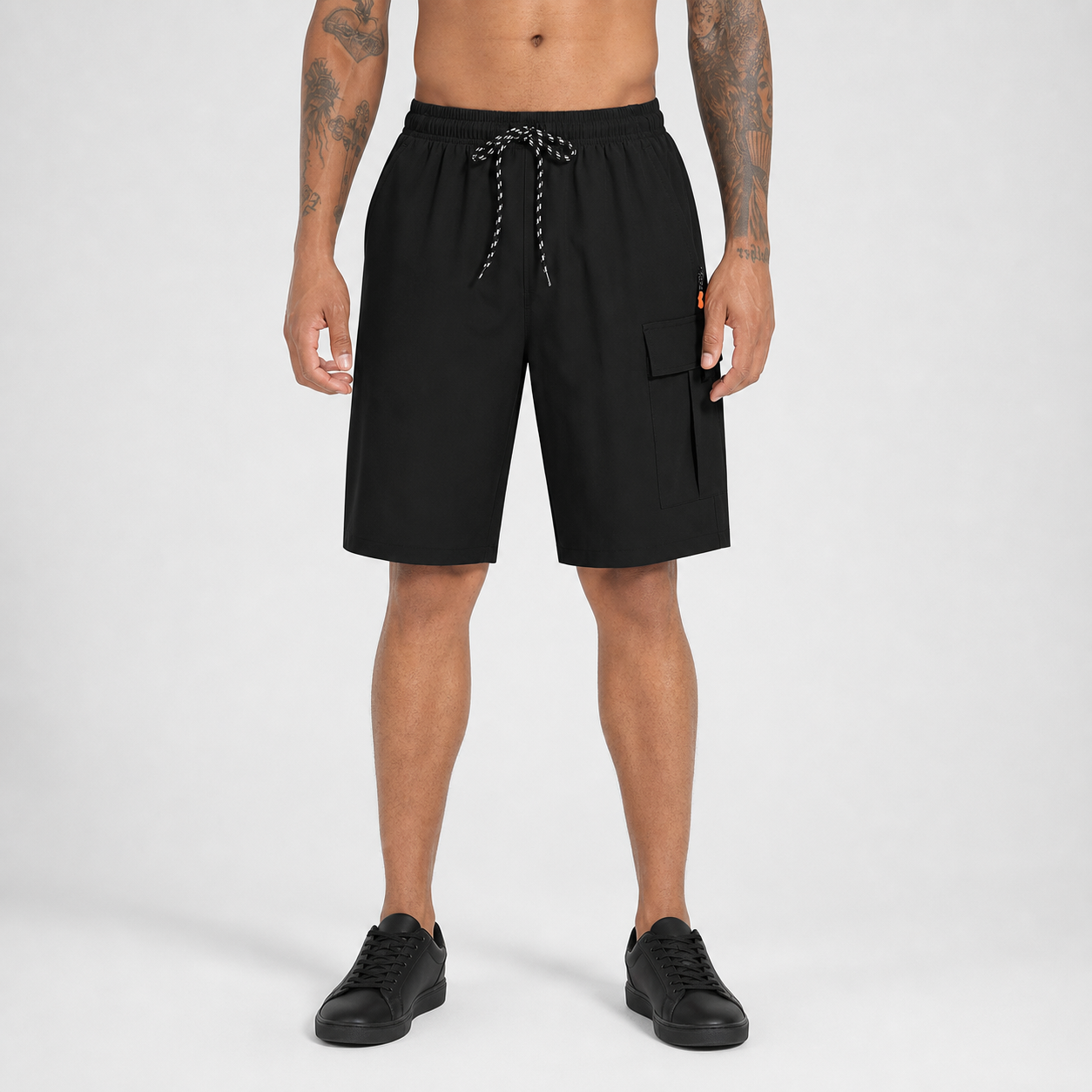 Black men's drawstring utility cargo shorts front view