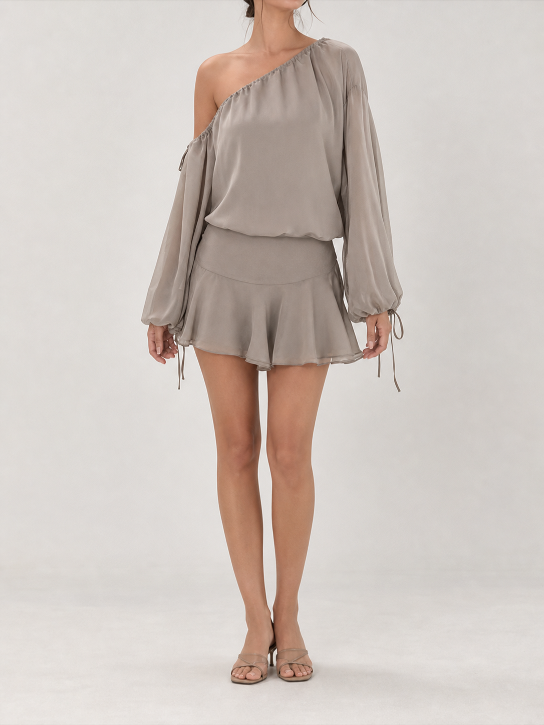 Women's taupe one-shoulder blouson and ruffle skirt set front view