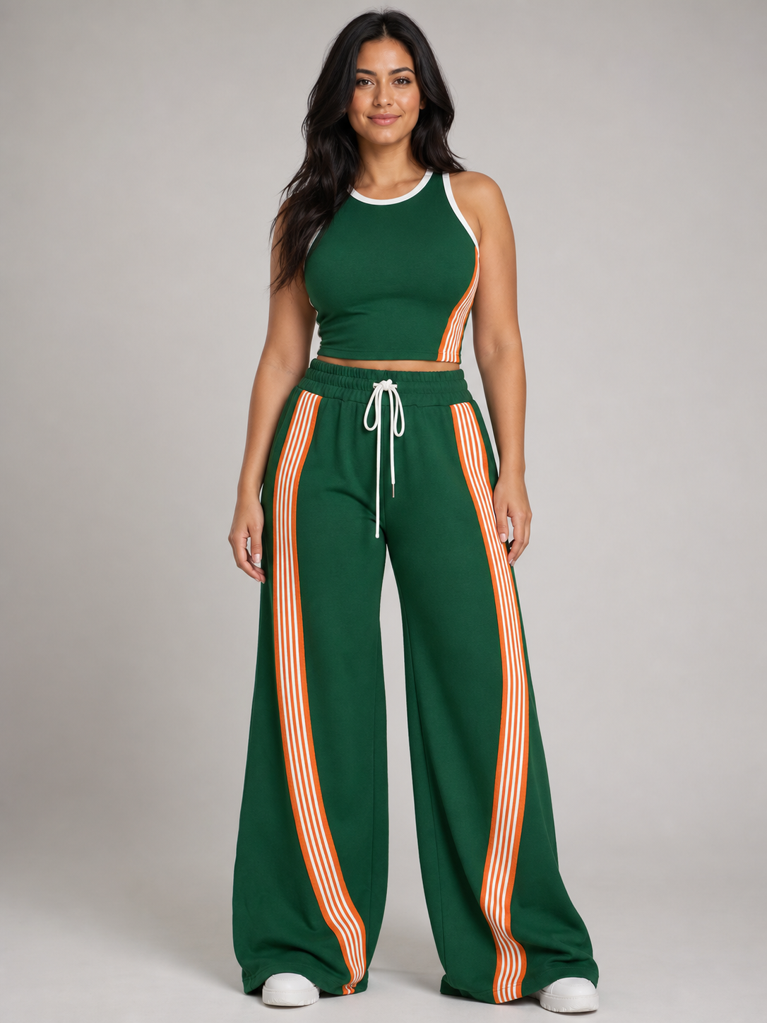 Women's green contrast stripe crop top and wide-leg pants set front view