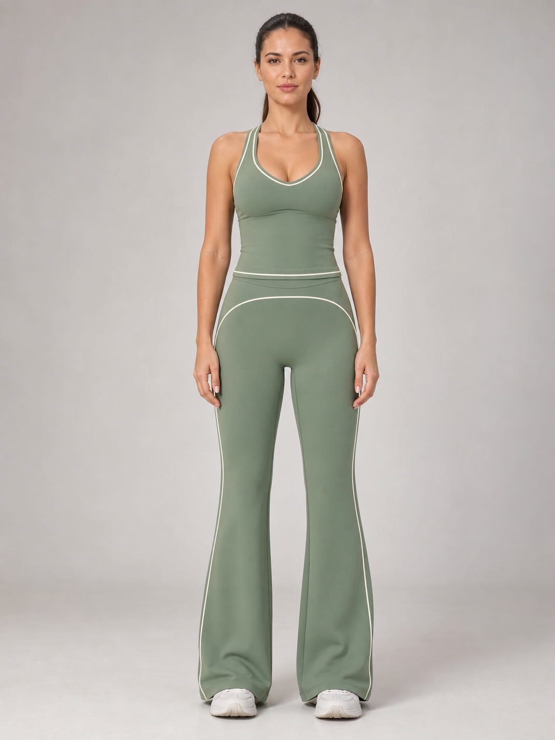 Women's sage contrast-trim flare active set front view