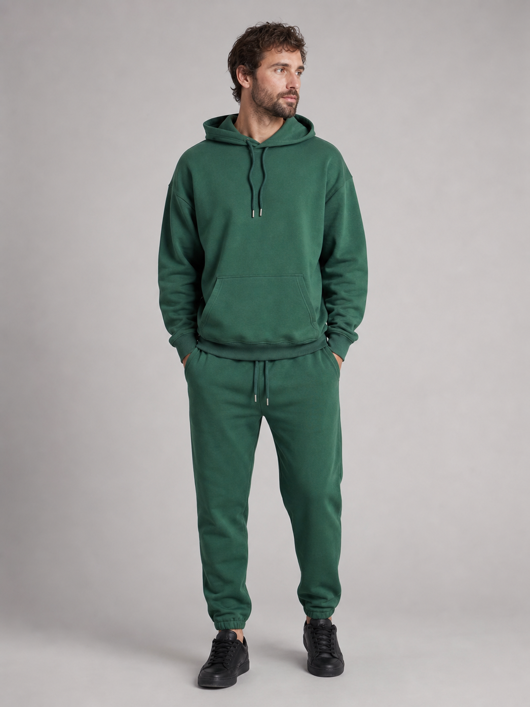 Men's forest-green pullover hoodie and jogger set front view