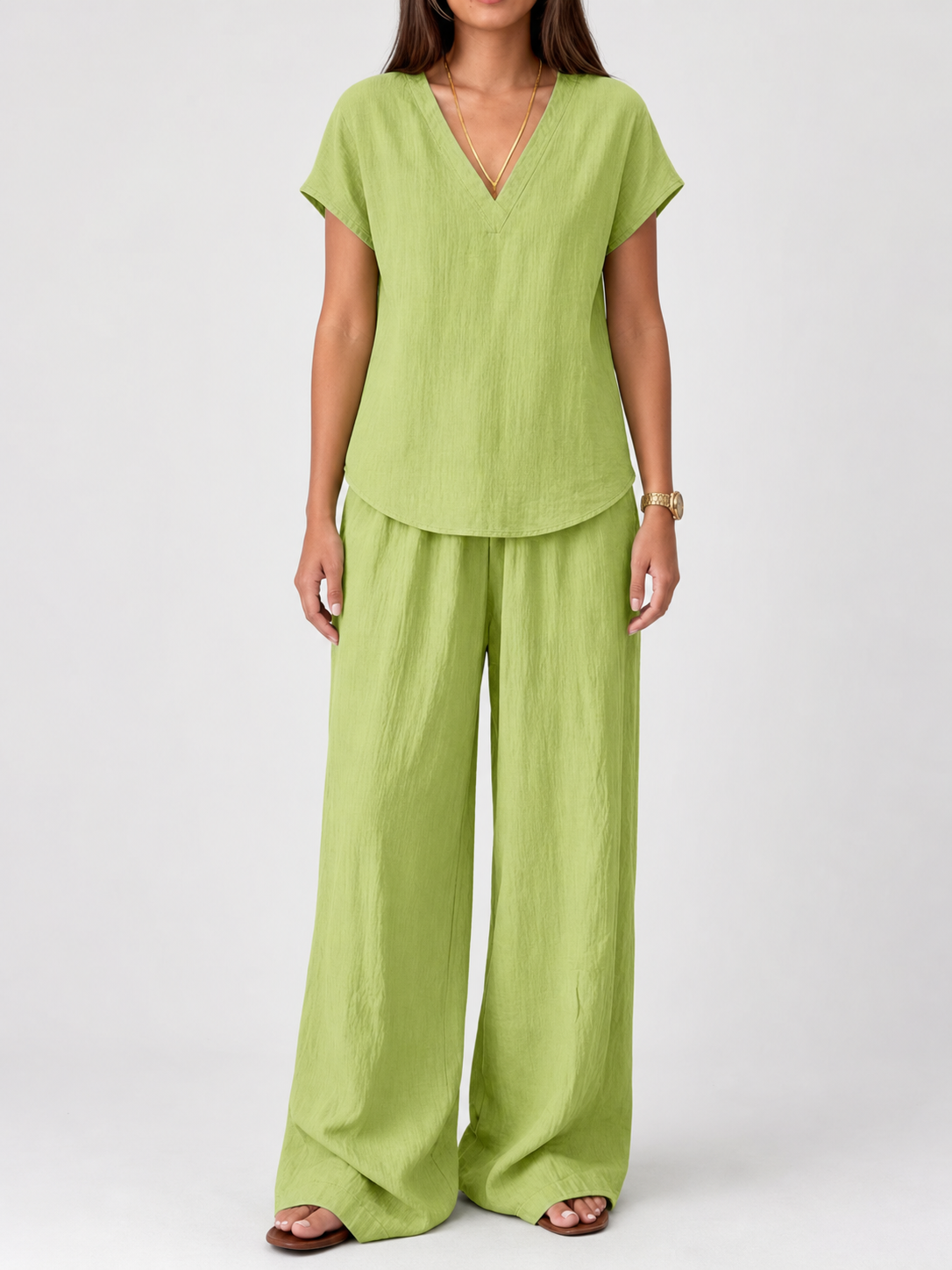 Women's lime crinkle V-neck tunic and wide-leg pants set front view