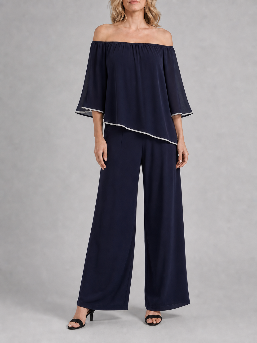 Women's navy off-shoulder overlay top and wide-leg pants set front view