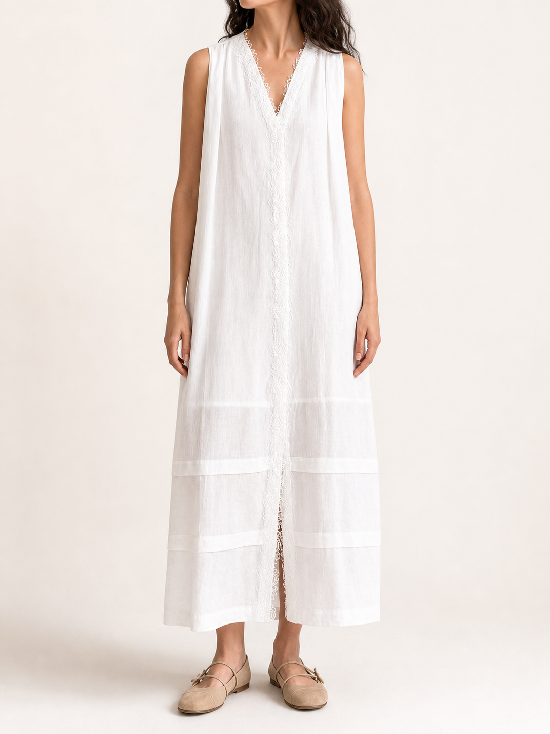 Women's soft white lace-trim sleeveless maxi dress front view