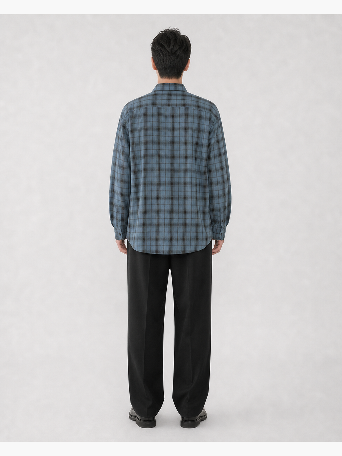 Men's blue-gray relaxed plaid shirt back view