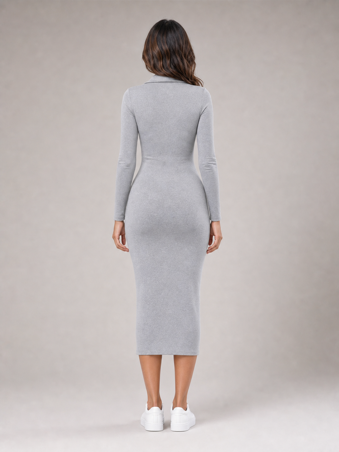 Women's heather gray fitted long sleeve midi dress back view