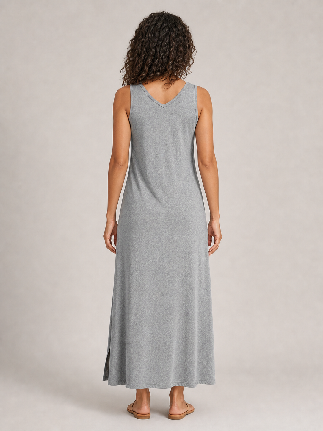 Women's heather grey double-heart sleeveless maxi dress back view