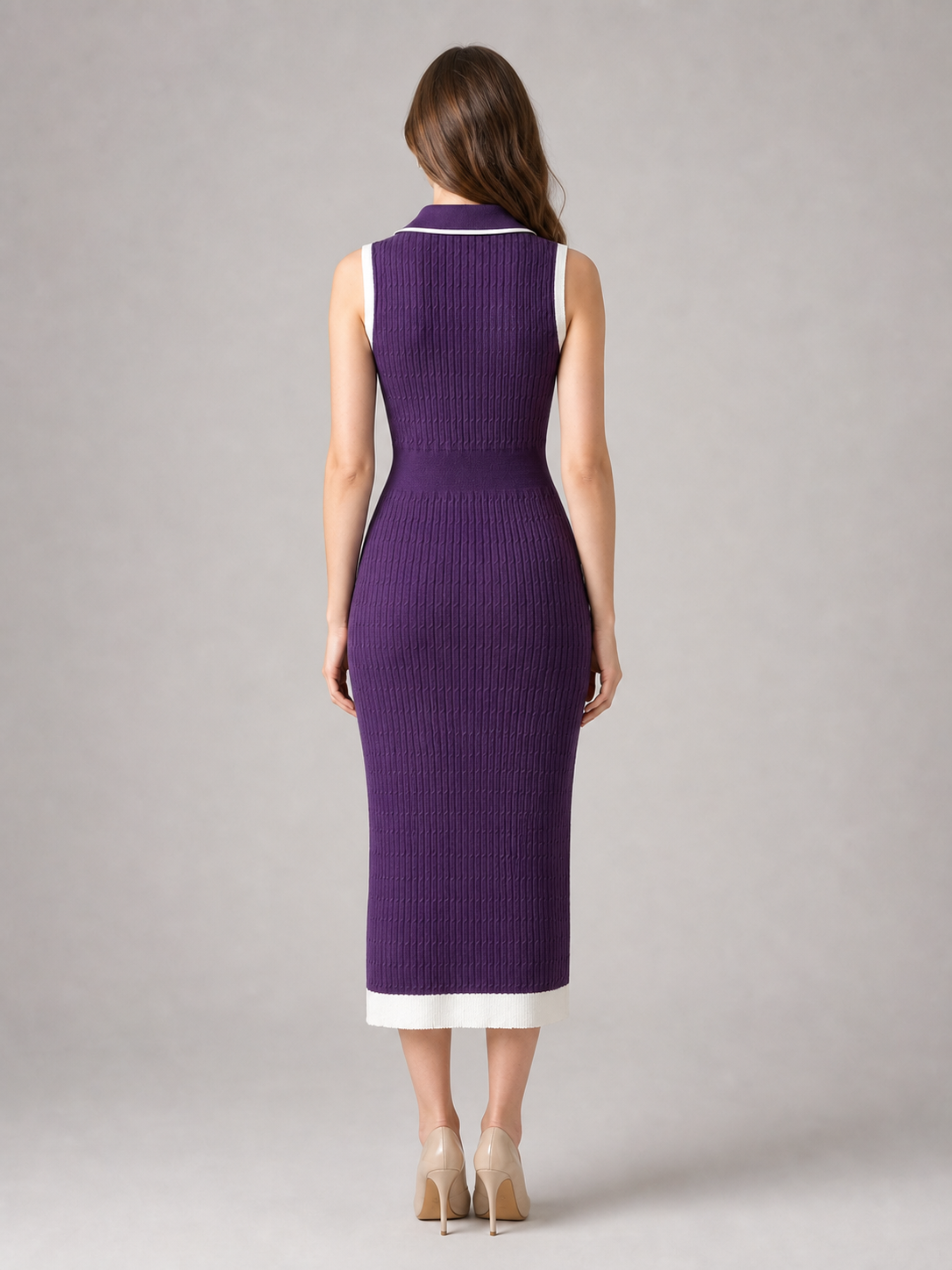 Women's purple contrast-trim sleeveless knit polo midi dress back view