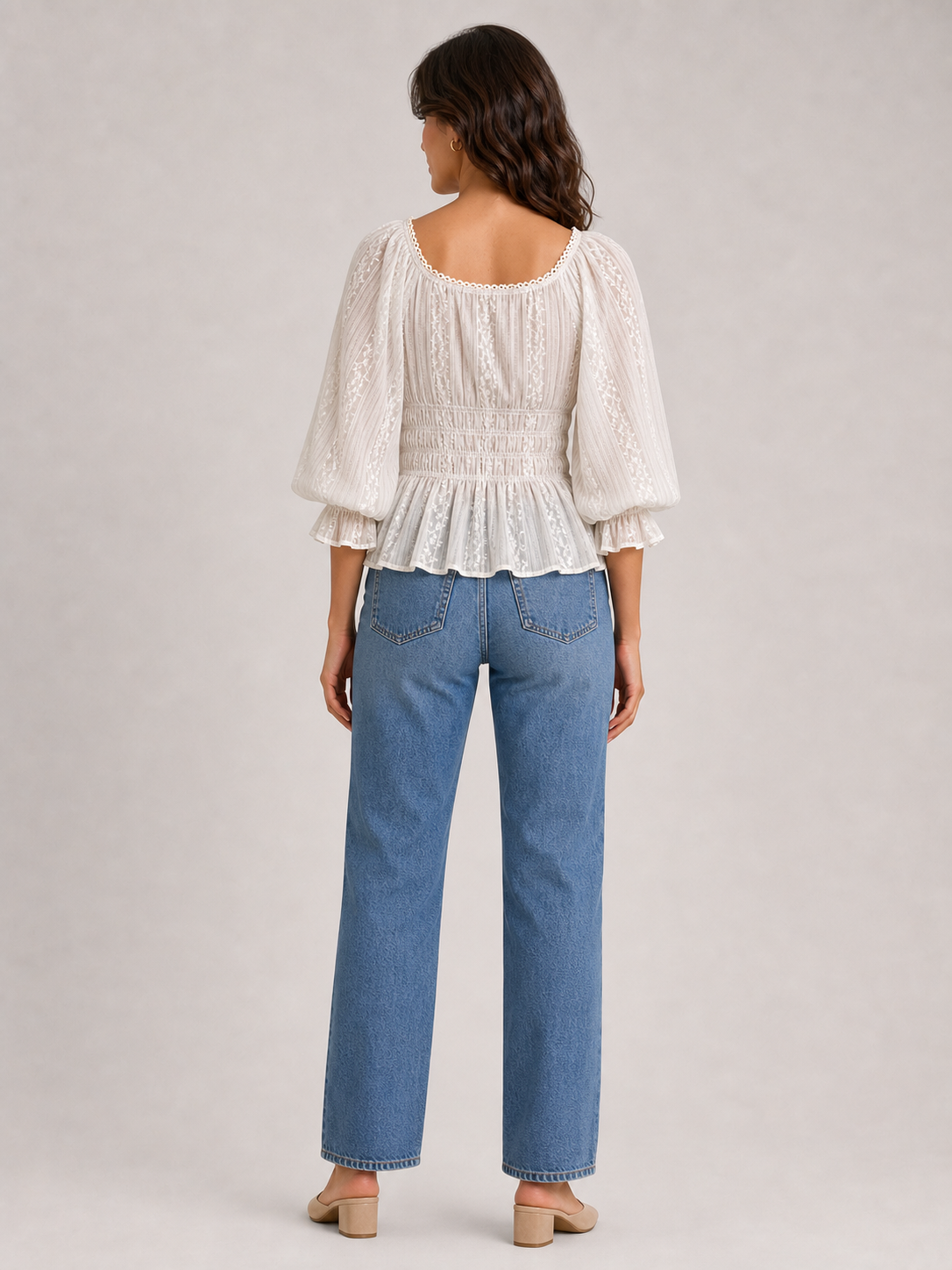 Women's ivory square-neck tie smocked-waist lace blouse back view