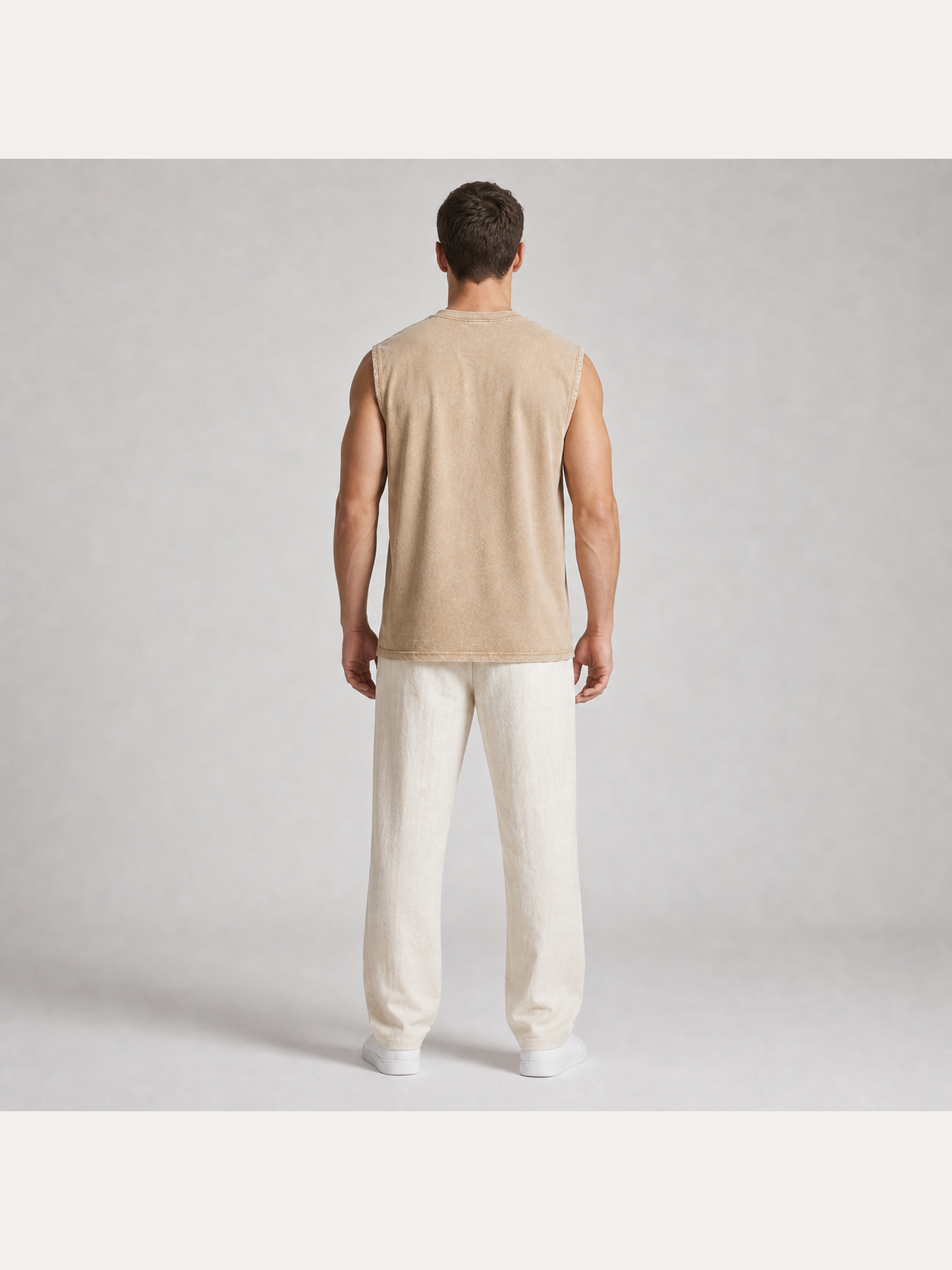 Men's sand washed sleeveless crew-neck T-shirt back view