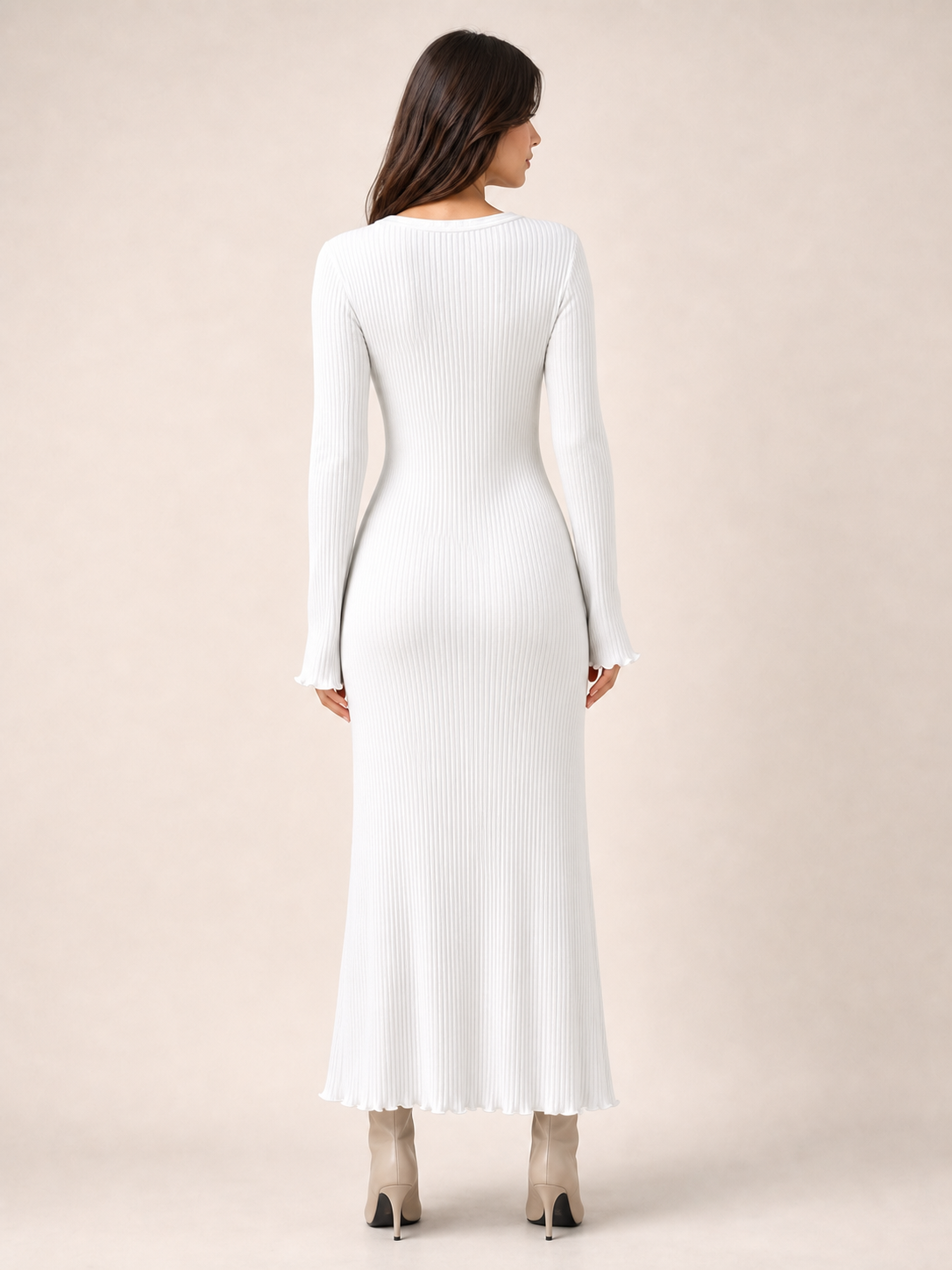 Women's white ribbed fitted maxi dress back view