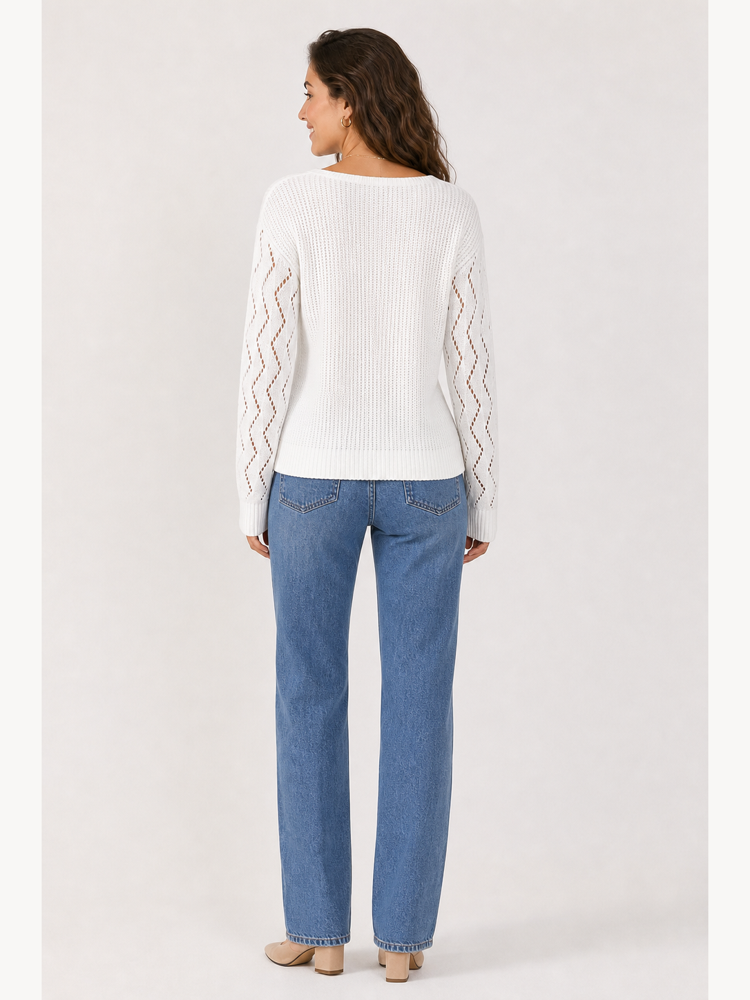 Women's white openwork long-sleeve knit top back view