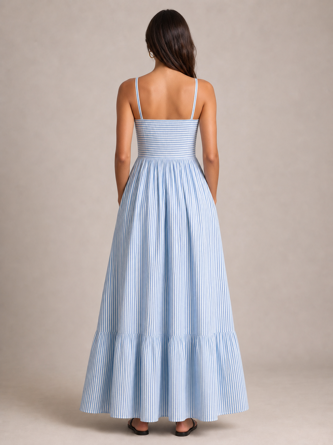 Women's blue-white striped spaghetti-strap tiered maxi dress back view