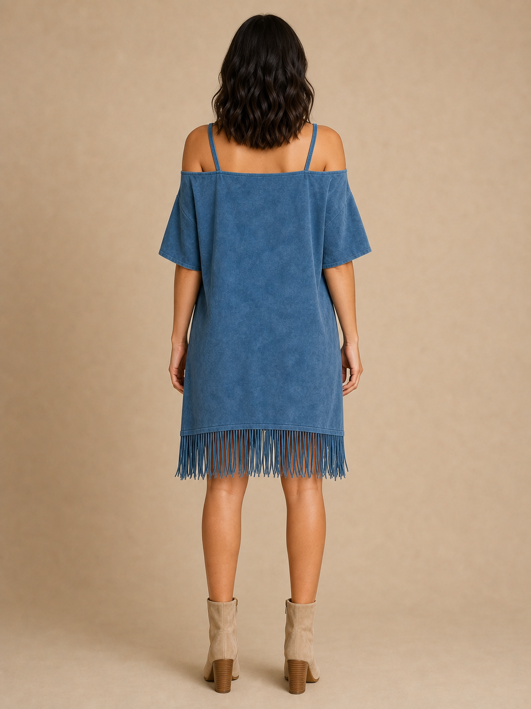 Women's washed blue cold shoulder fringe shift mini dress back view
