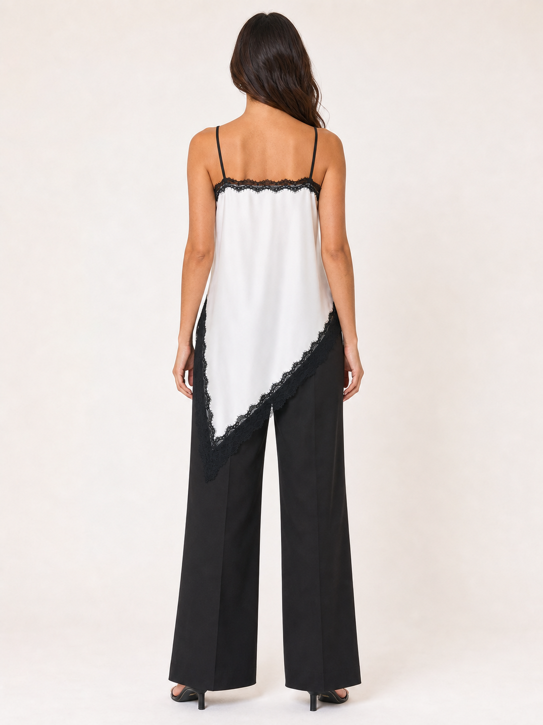 Women's black and white lace asymmetric longline camisole back view