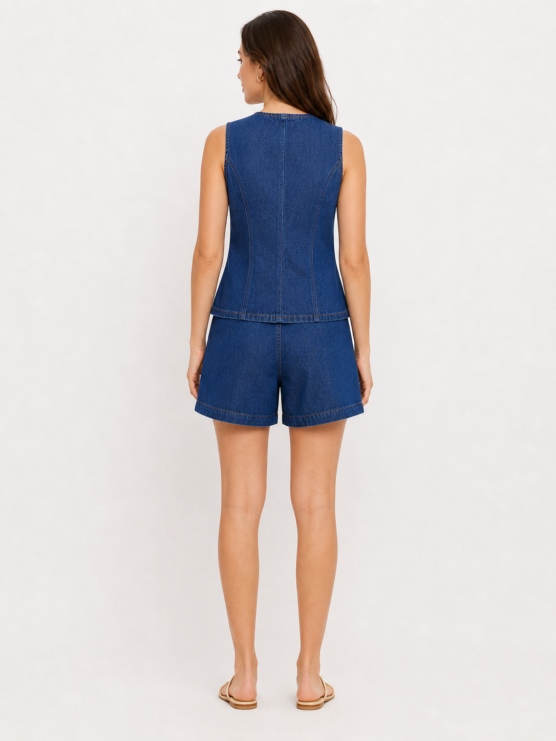 Women's indigo denim sleeveless vest and shorts set back view