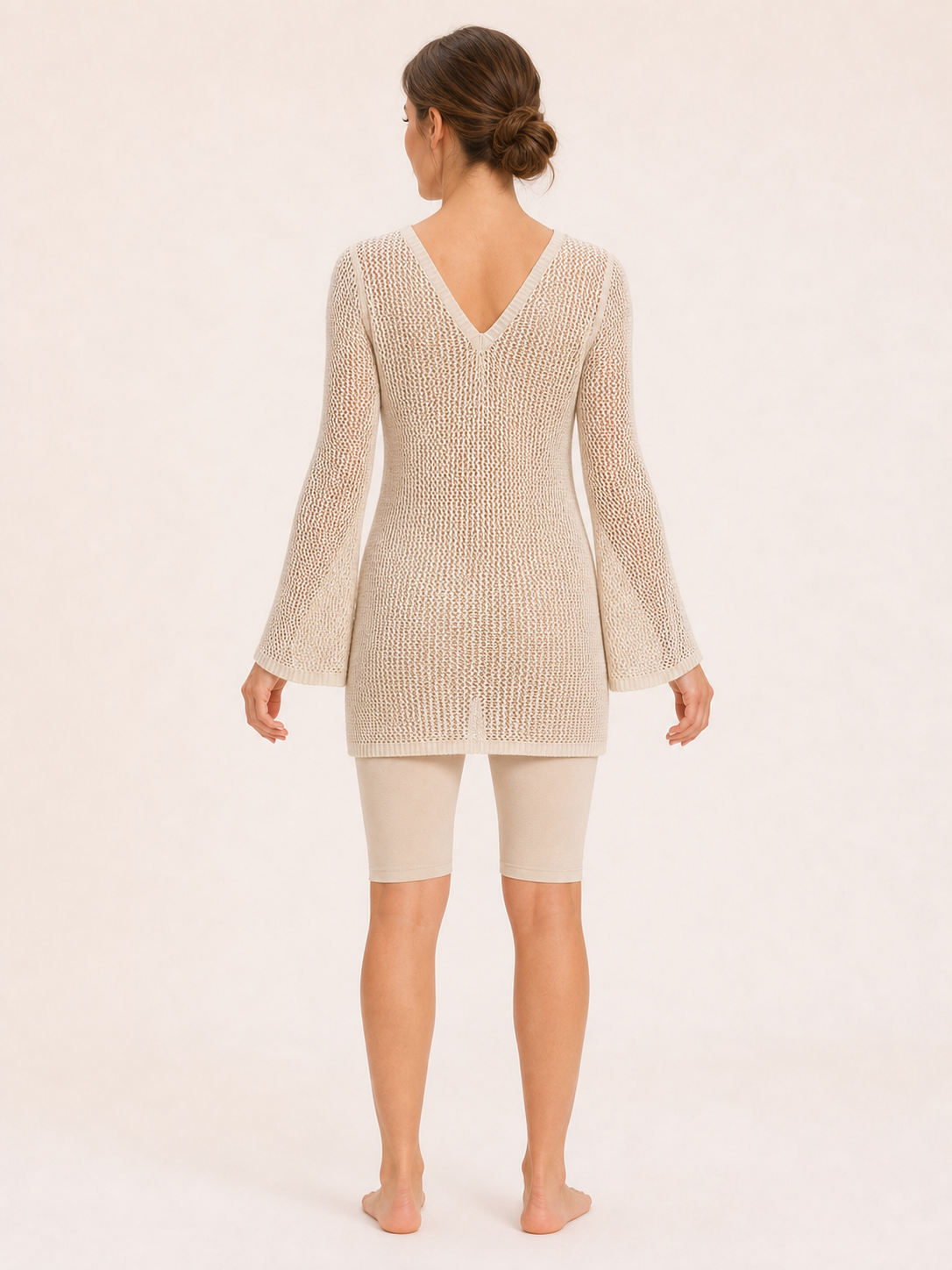 Women's warm beige open-knit bell-sleeve cover-up back view