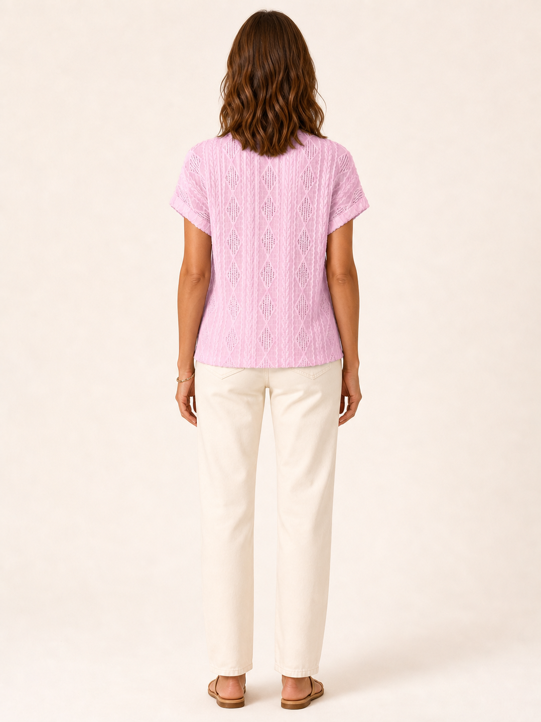 Women's pink openwork relaxed top back view