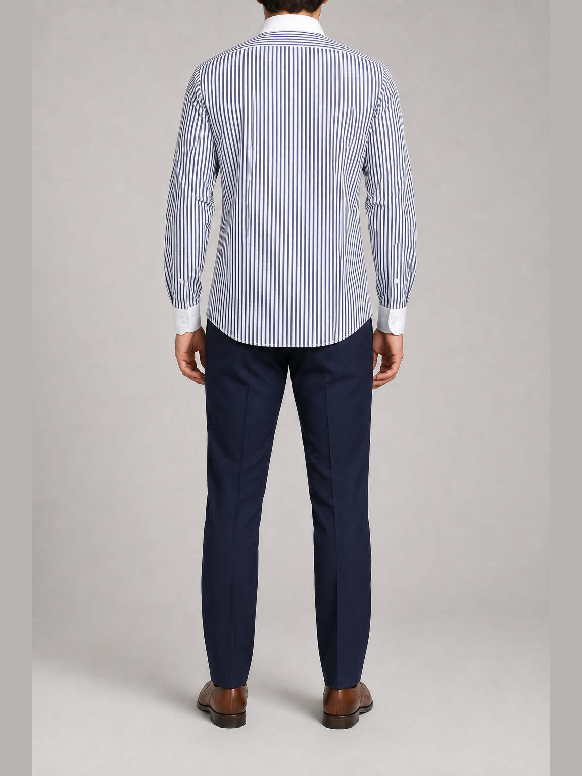 Men's navy vertical stripe contrast collar shirt back view