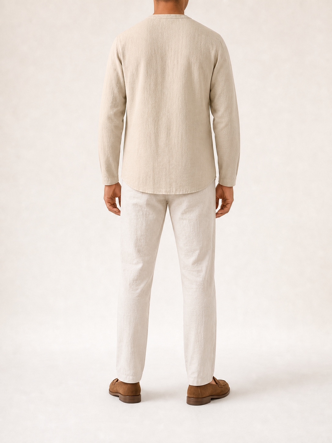 Men's light beige pintuck keyhole shirt back view