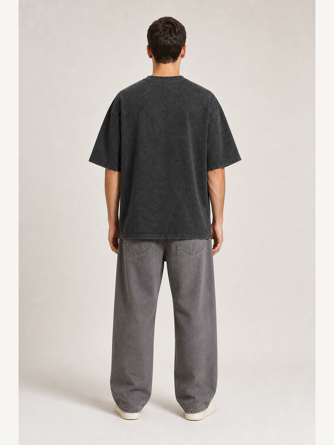 Back view of men's charcoal washed oversized T-shirt