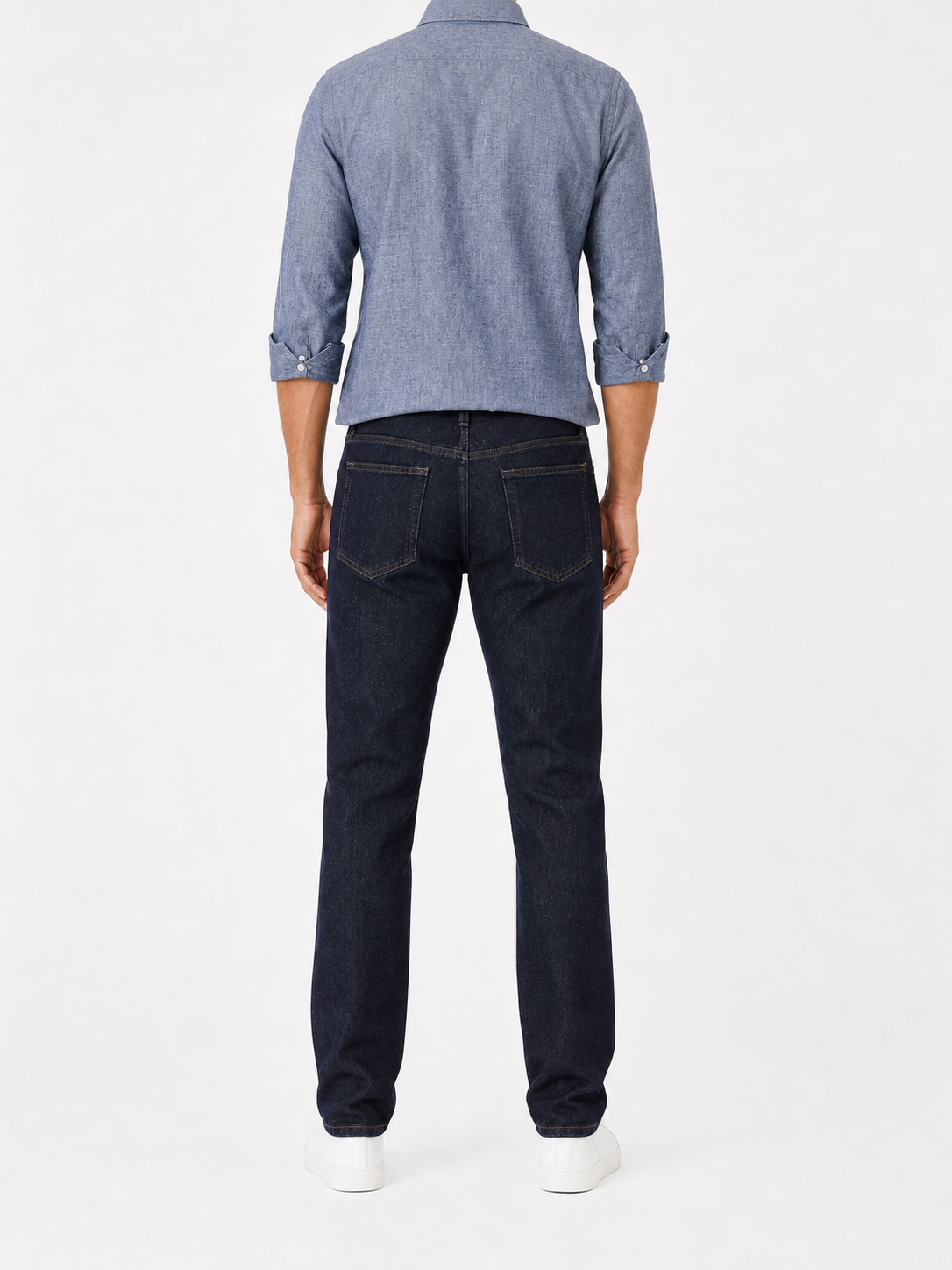 Men's dark indigo regular tapered jeans rear view