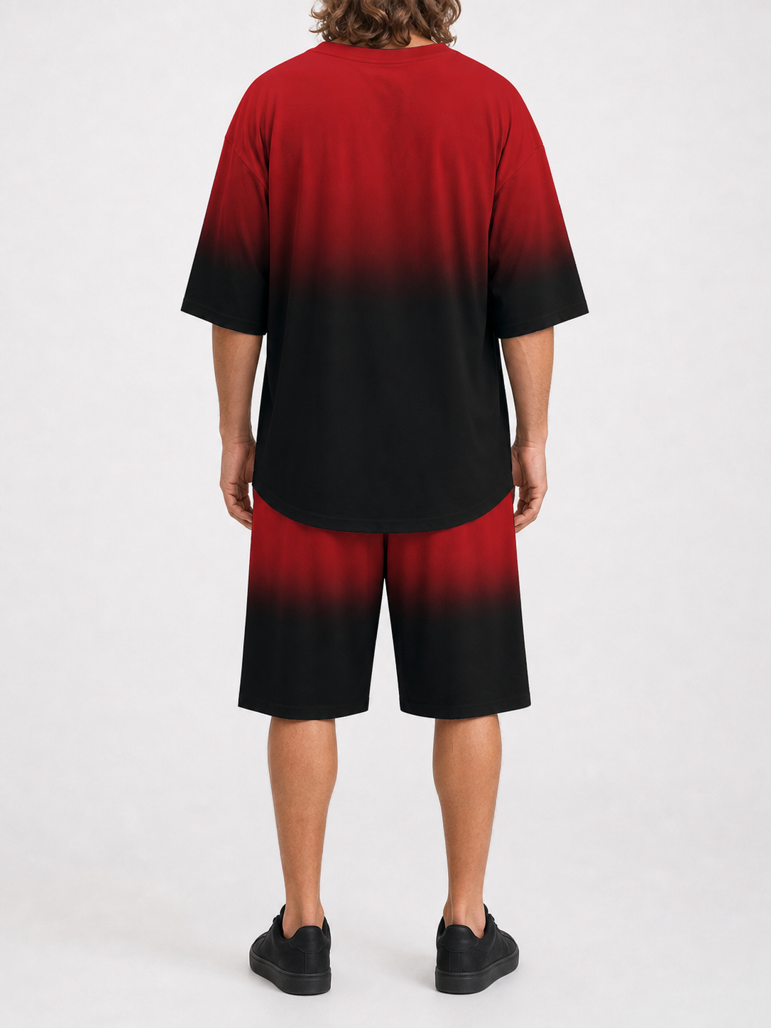 Men's red black oversized top and shorts set back view