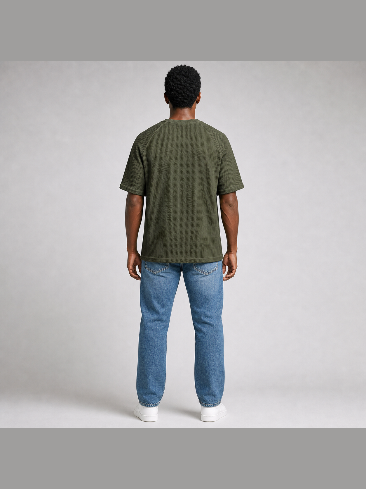 Men's olive waffle-knit raglan crew-neck T-shirt back view