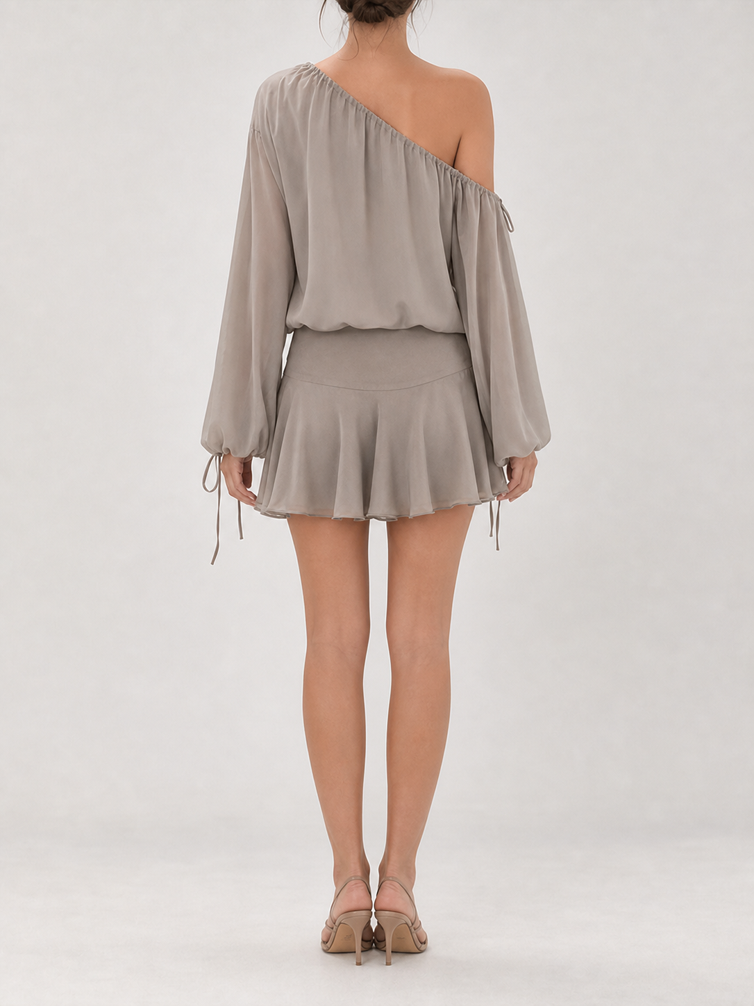 Women's taupe one-shoulder two-piece set back view