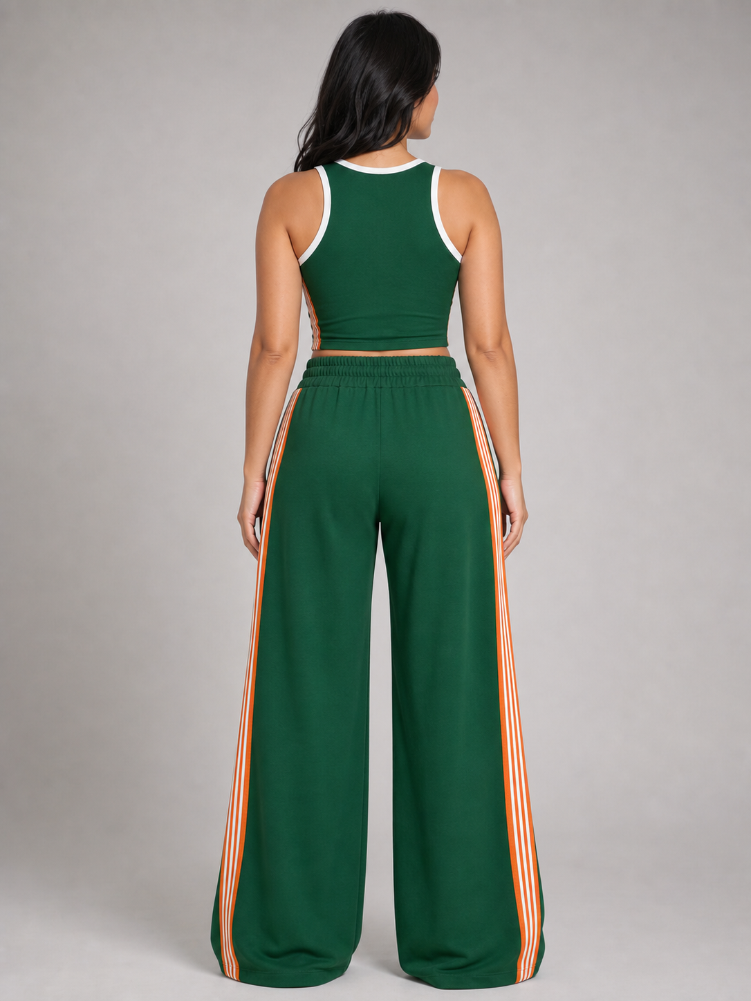Women's green contrast stripe crop top and wide-leg pants set back view