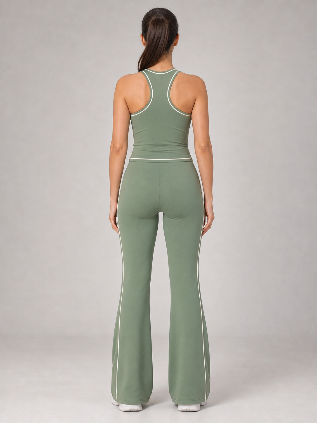 Women's sage contrast-trim flare active set back view