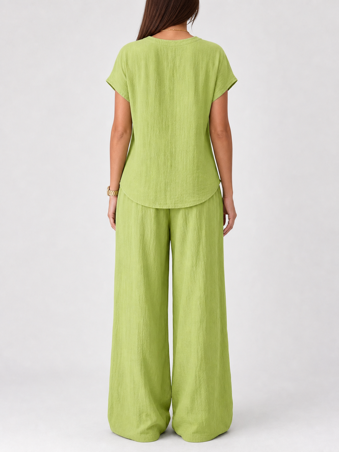 Women's lime crinkle V-neck tunic and wide-leg pants set back view