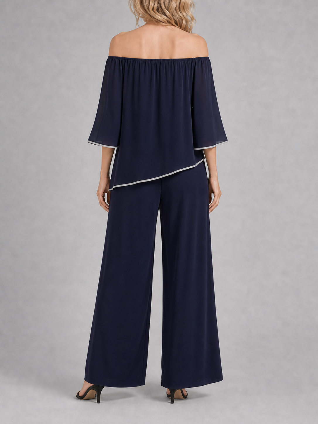 Women's navy off-shoulder overlay top and wide-leg pants set back view