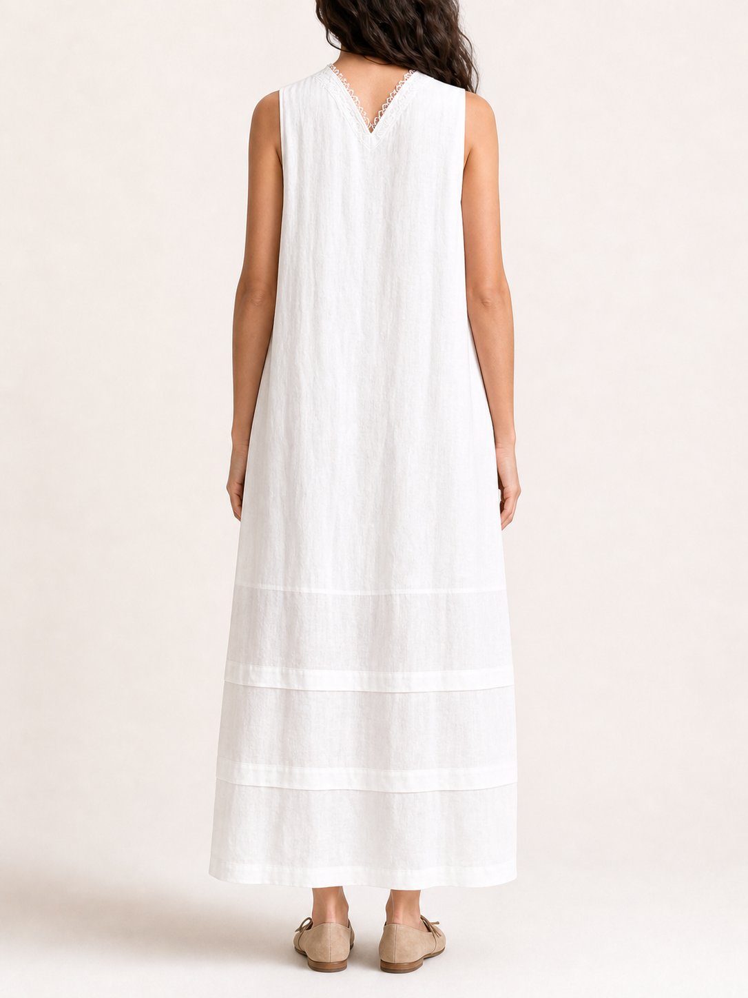 Women's soft white sleeveless maxi dress back view