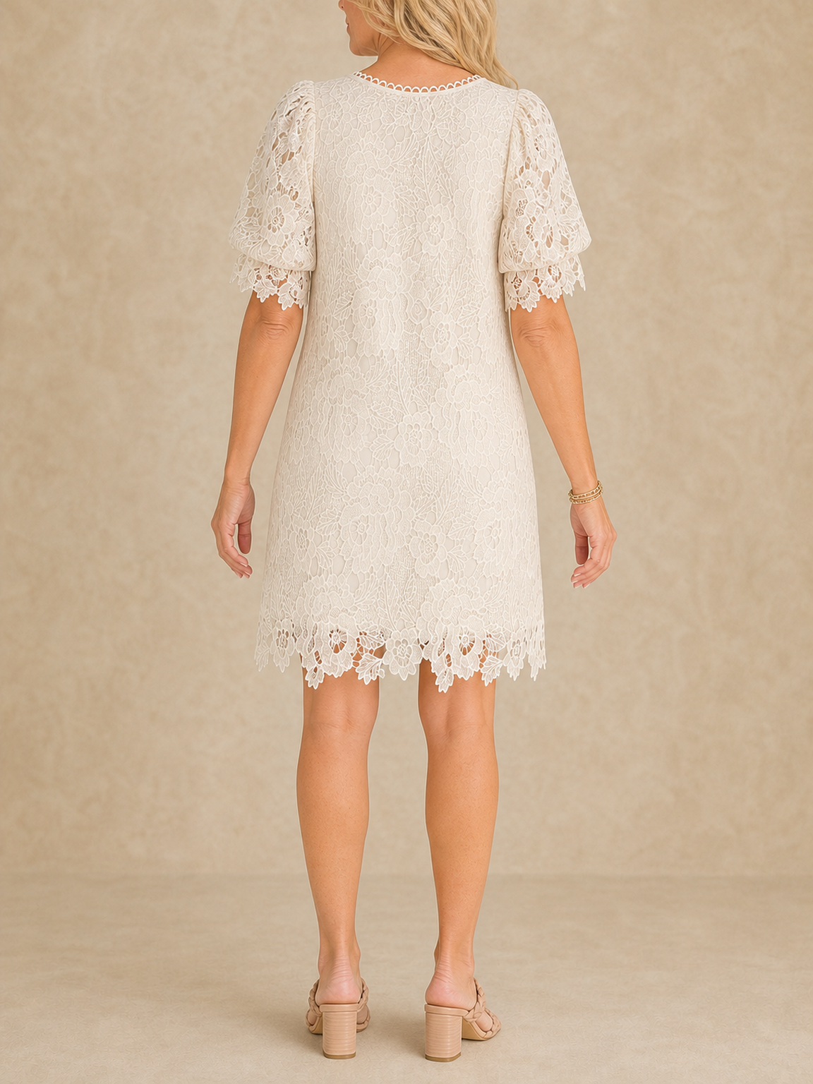 Women's warm ivory floral lace puff sleeve shift dress back view