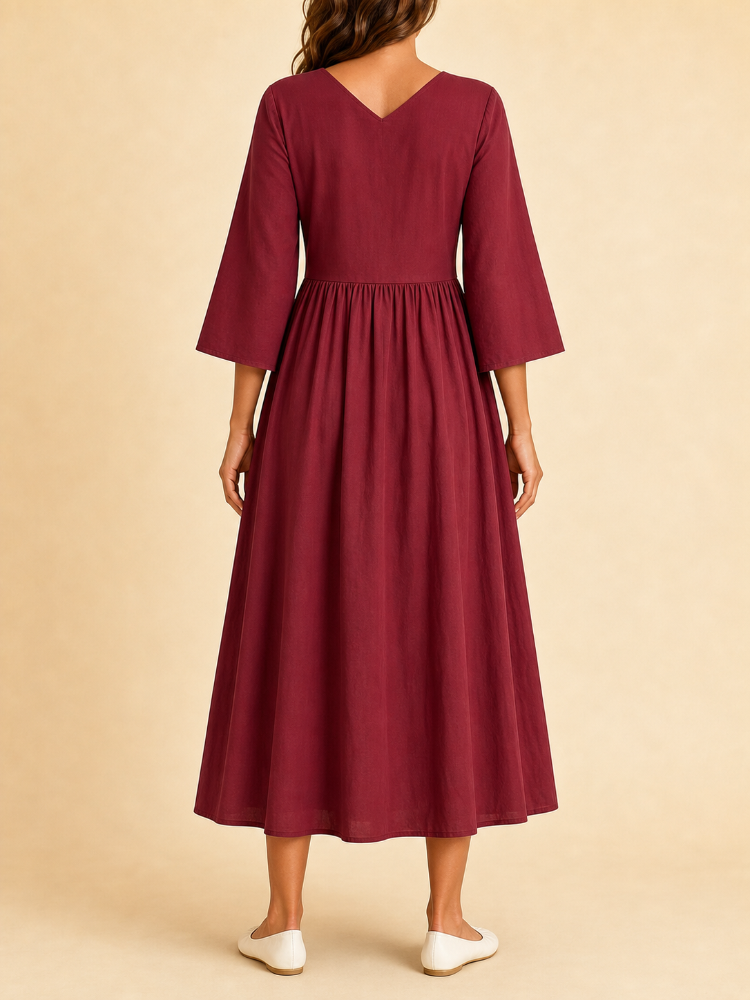 Women's burgundy gathered midi-maxi dress back view